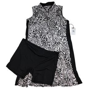 2-Pc Dress Shorts V-Neck Athletic Hem Flounces Animal Black White Size XL